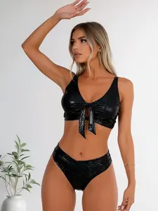 Women's 2-Piece Polyester Snake Print Bikini Set, Tie-Front Faux Leather Swimsuit with Elastic Stretch, High Cut Legs, Multi-Size Fit, 2 Piece Sets, Bathing Suits,summervibes