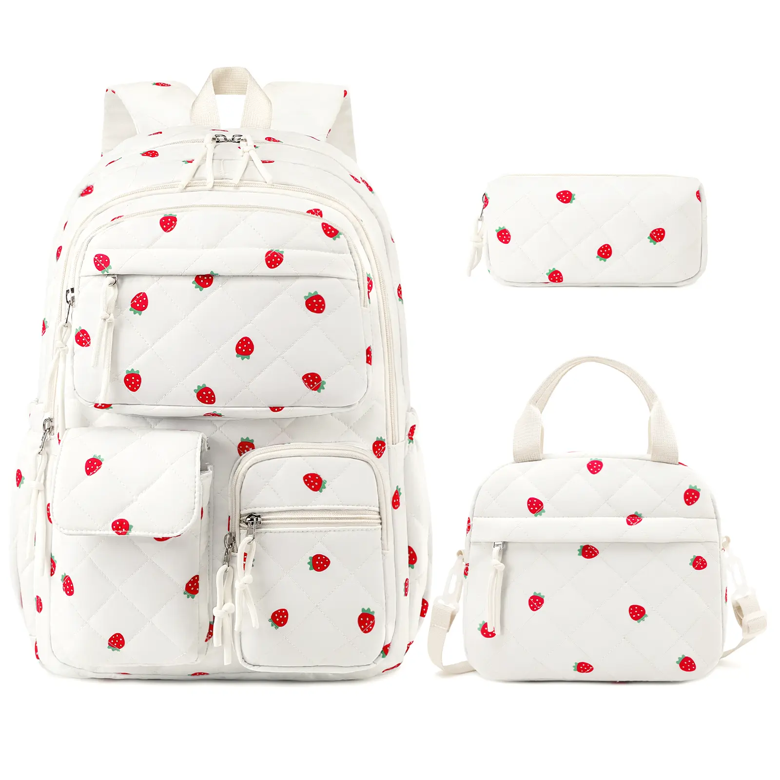 Similove 3PCS Quilted Floral Corduroy Backpack Bundle Set with Lunch Box & Pencil Pouch, School bag for Elementary Middle School,Back to School Gift,Birthday's Gift