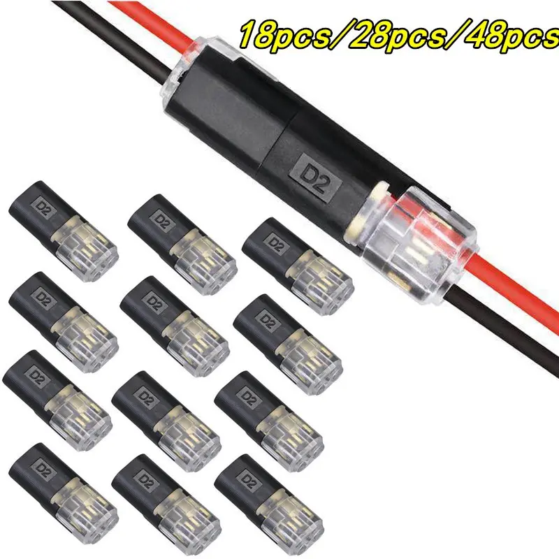 18pcs/28pcs/48pcs D2 Terminal Block, Double-Wire Plug-In Connector, Low Voltage Wire Connector with Locking Buckle, Quick Connector for Cars & Motorcycles, Terminal Connectors