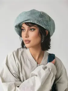 Women's Vintage Washed Denim Beret Hat, Casual Retro Blue Beret for Women, Fashion Streetwear Accessory, Trendy Y2K Aesthetic Cap for Daily, Travel & Outdoor