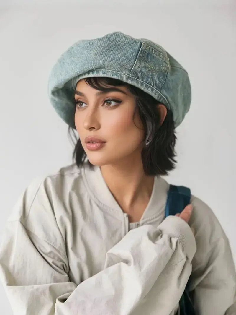 Women's Vintage Washed Denim Beret Hat, Casual Retro Blue Beret for Women, Fashion Streetwear Accessory, Trendy Y2K Aesthetic Cap for Daily, Travel & Outdoor