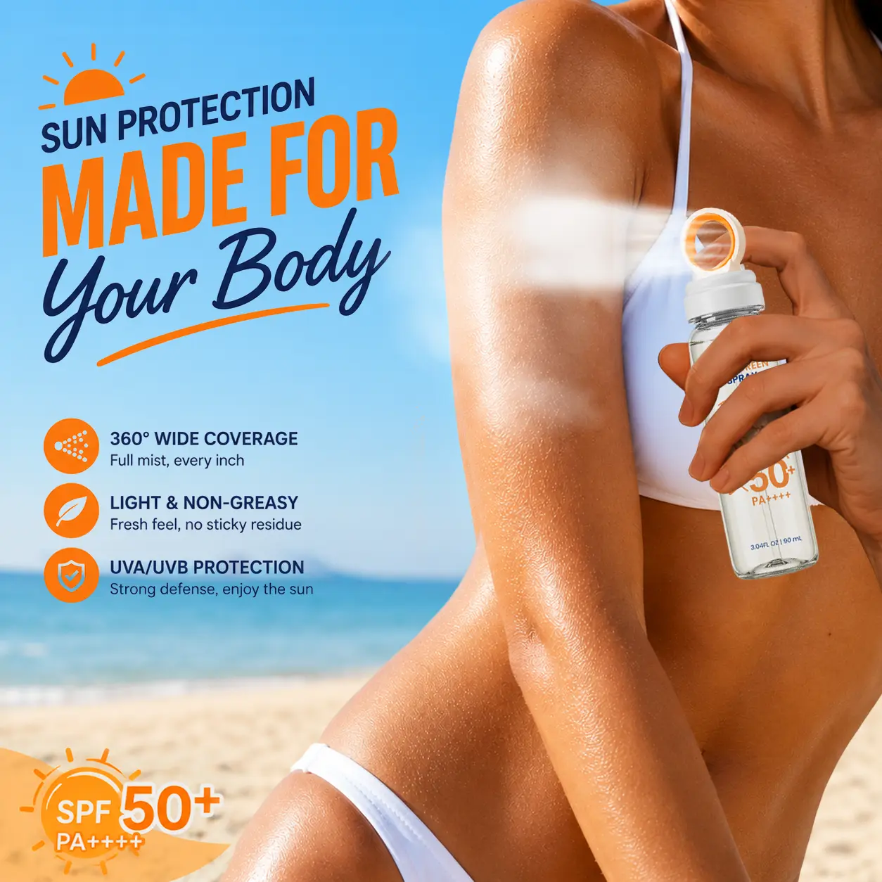 ACEWINK Sunscreen Spray, SPF 50+ PA++++ Lightweight Ring Mist for Face & Body, Compact Daily UV Protection for Beach & All Skin Types - 3.04 fl oz (90ml), Body Sunscreen, Mist Spray, Sunscreen Everyday