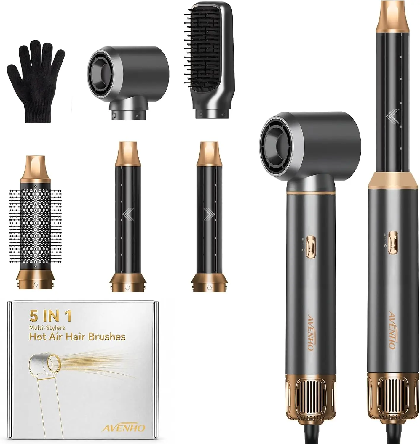 AVENHO 5-in-1 Hot Air Styler, Hair Dryer Brush with Auto-Wrap Curlers | Multi Hair Styling Tool With 3 Heat Settings, Curling Barrels And Straightening Comb For Drying, Curling And Straightening