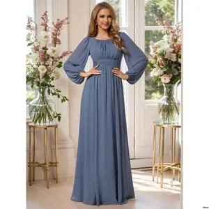 ChiffonRuchedRoundNeckLanternSleeveBridesmaidDress