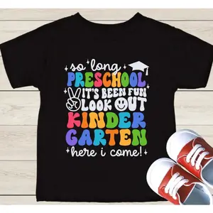 So Long Preschool Kindergarten Here I Come T-Shirt, Last Day of Preschool Graduation Tee, Retro Groovy Colorful T-Shirt
