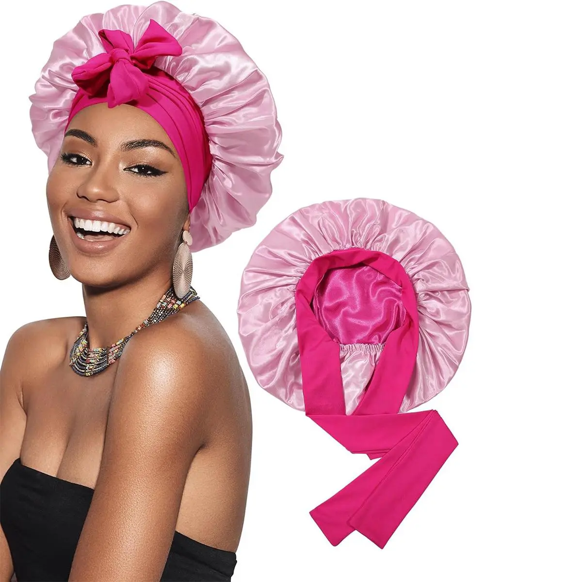 Double Layer Satin Bonnet - Lightweight Silk Hair Cover for Curly Hair, Satin Lined Sleep Bonnet Headbands with Elastic Tie Band, Fashion Hat Accessory, Satin Lined Bonnet