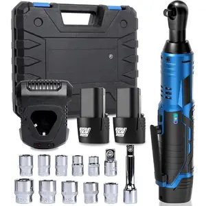 Cordless Electric Ratchet Wrench Set, 3/8", 45Ft-lbs High Torque, 12V Compact Power Ratchet, with 2 Packs 2000mAh Lithium- , 10 Sockets & Extension Bar, Variable Speed Trigger