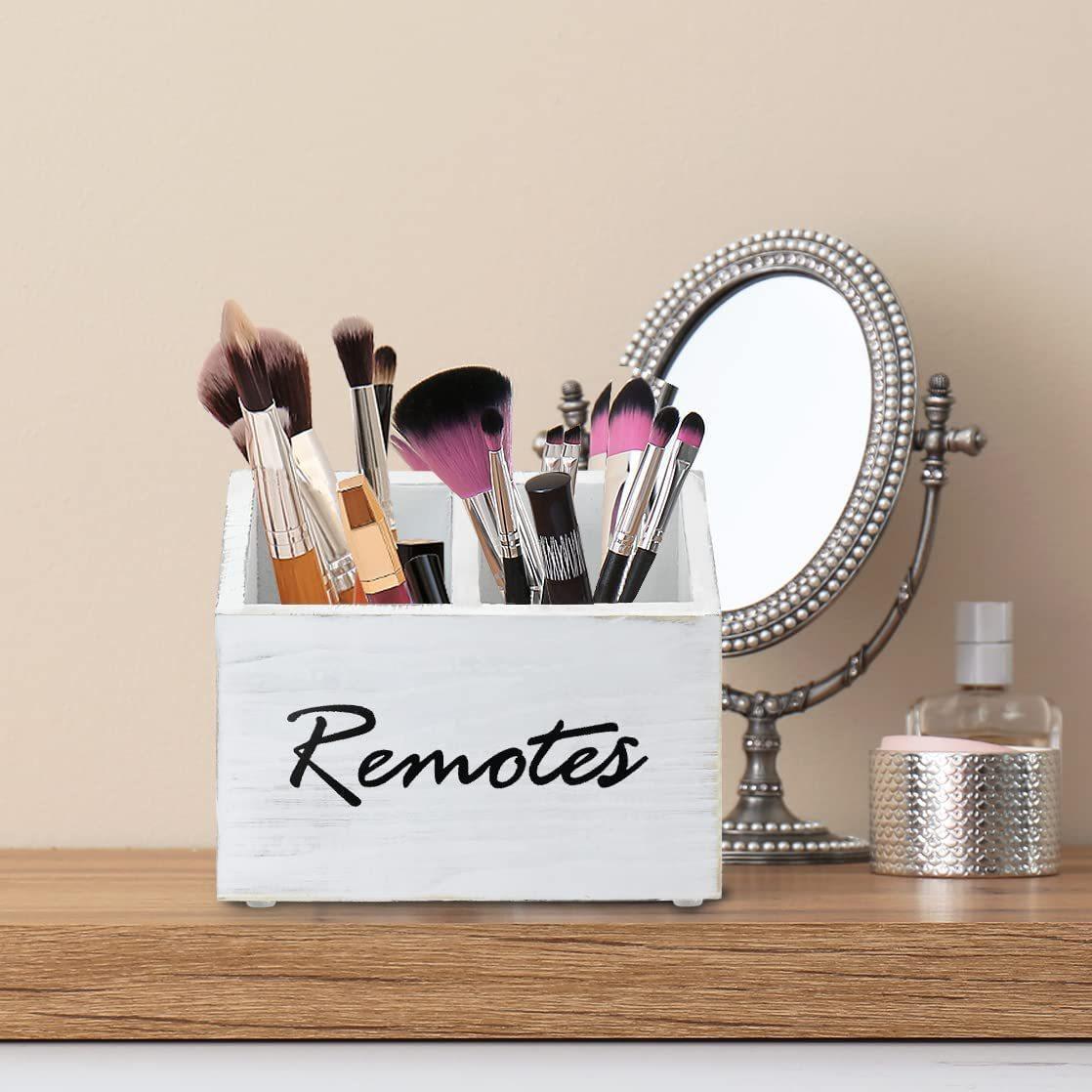 Remote Control Holder, Wood TV Remote Holder for Table, 2 Compartments Remote Control Storage Organizer, Media Caddy Organizer for Living Room Bedroom Office Nightstand(white) wooden box