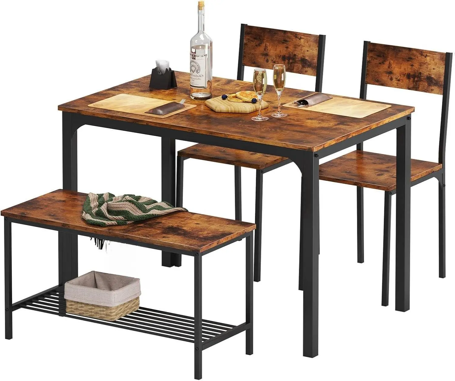 Nicole Selection 4 Person Dining Table Set, 43.3inch Kitchen Table Set for 4, Dining Room 2 Chairs with Backrest, 2-Person Bench with Storage Rack, Vintage Brown, GCCZ1008, For Christmas Gifts Wood Set