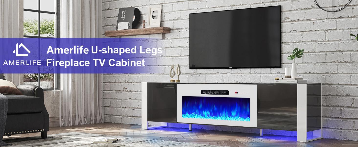 [Ships in 2 Boxes] [Spring Sale] AMERLIFE U-Shaped Legs Fireplace TV Stand, Media Console with Electric Fireplace and LED Lights, Modern Entertainment Center with Storage Shelf, Apartment Furniture/Best Gift Ideas/Christmas Gifts
