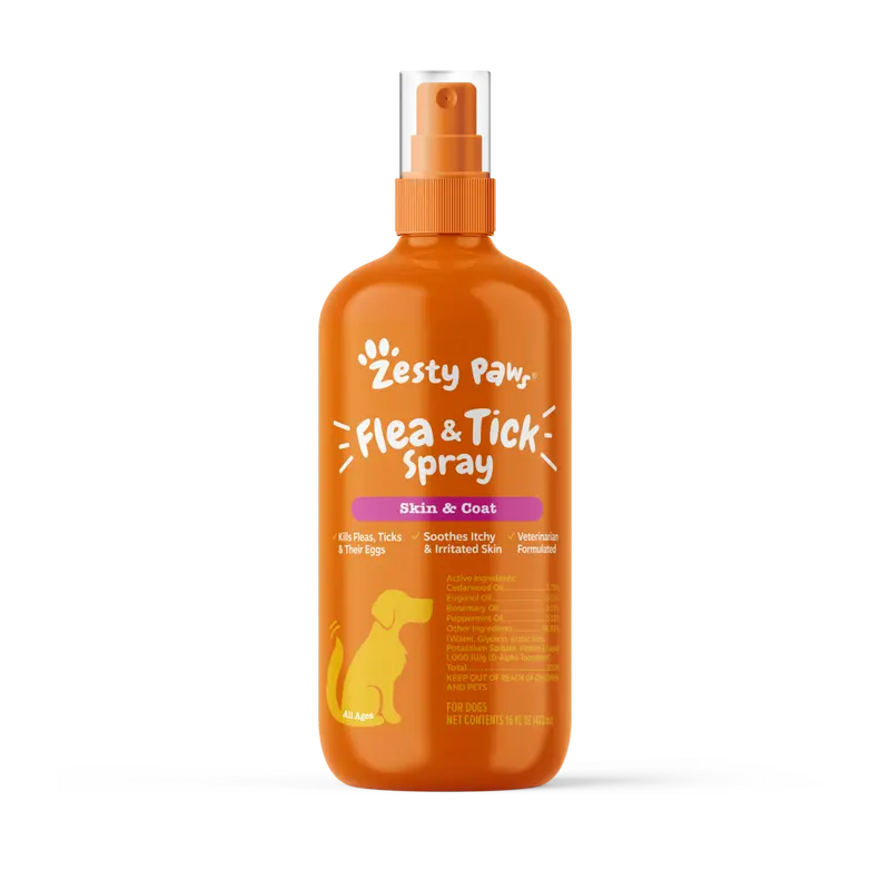 Zesty Paws Flea & Tick Natural Soothing Spray for Dogs 16 fl oz Vet-Formulated with Clean Cedarwood Rosemary & Peppermint Oils