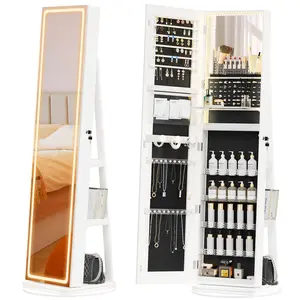 Rotating Base Full-Length Jewelry Mirror Cabinet,adjustable lighting full-length lighting mirror&make up mirror, armoire, space-saving, large storage space, perfect gift idea