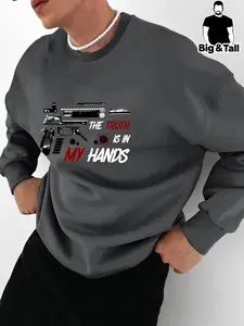 【Plus Size】 Letter & Gun Print Drop Shoulder Sweatshirt, Regular Fit Casual Soft Comfy Long Sleeve Round Neck Pullover for Fall & Winter, Men's Clothing for Daily Wear