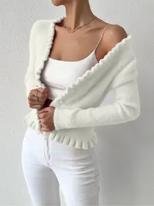 Women's Plain Frill Trim Sweater Cardigan, Elegant Long Sleeve Open Front Knitwear for Fall & Winter, Fashion Women's Knit Clothing for Daily Wear, Womenswear