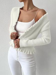 women's plain frill trim sweater cardigan, elegant long sleeve open front knitwear for fall & winter, fashion women's knit clothing for daily wear, womenswear, lady