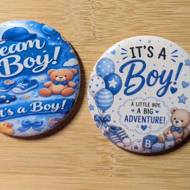 Set of 8 Team Boy baby shower or reveal button pins