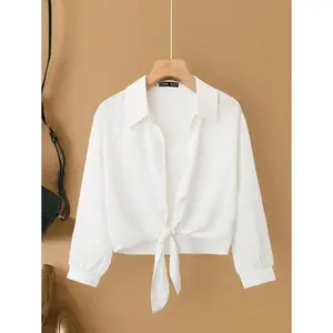 French Elegance Woven Lapel Long Sleeve Tie-Up Cardigans For Women, Summer New White Blouse Fabric Fit