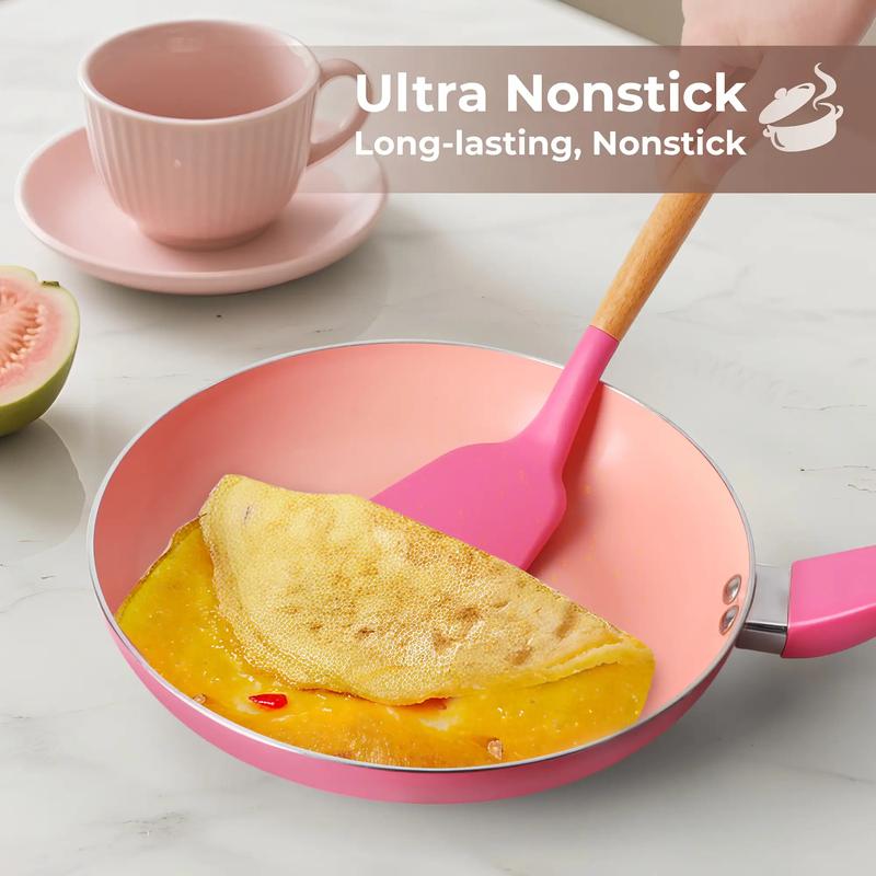 MGKKT Ceramic Cookware Sets 17 Pcs Non-Stick Pot and Pan Set with Oil Polymerization Design Healthy Non-Toxic Cooking RV Camping Stackable PTFE/PFOA Free Pink blackfriday black friday deals 2025 TiktokShopBlackFriday