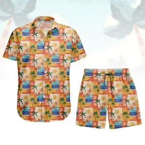 Retro Tropical Patchwork Hawaiian Shirt Beach Button Shirt, Palm Tree Men Shorts Set Palm Tree Sun Seashell Ocean Wave Colorful Matching Outfit Men Women Loose Summer Beach Vacation Aloha Gift