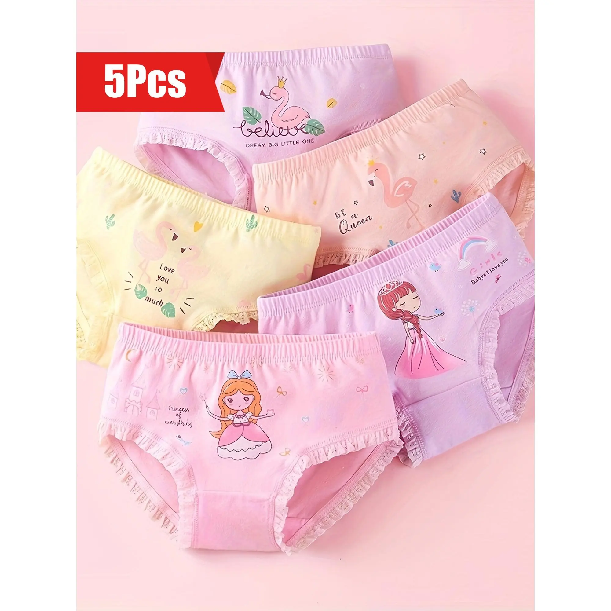 5-Pack Girls' Cotton Underwear - Soft Elastic Triangle Underwear, Cute Cartoon Animal and Princess Patterns, Pastel Colors, Lace Trim, Comfortable All-Season Cute Underwear for Little Girls