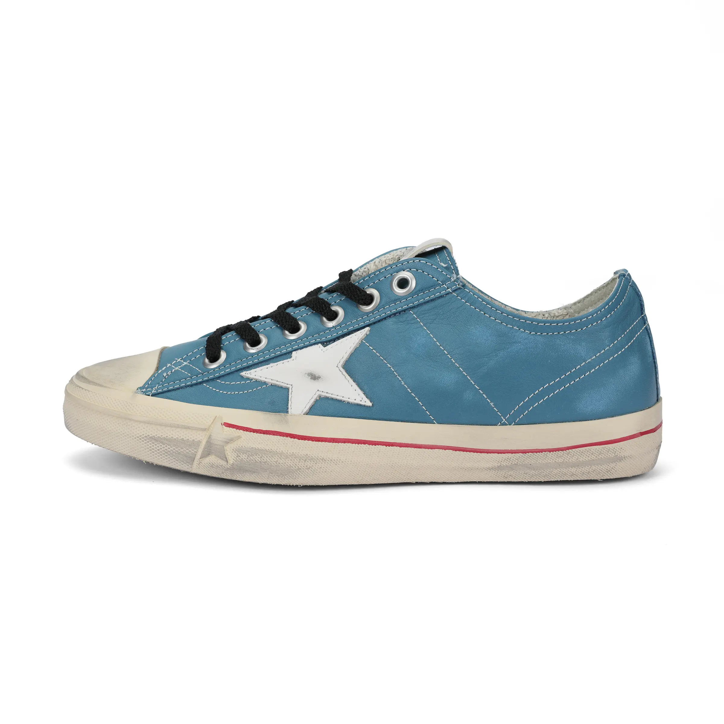 Golden Goose V-Star Men's Low-Top Casual Trainer Sneakers - Blue, Distressed Finish, Rubber Sole, Walking Footwear, Maison Mihara Verifiable with Global Authentication Credentials