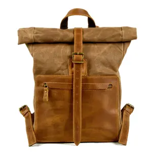 New Simple Retro Wax Canvas Backpack for Men, Casual Backpack with Genuine Leather Details, Square-Shaped School Bag
