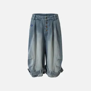 Aelfric Eden Pleated Strap Longline Jorts High Waist Multi-Button Fly Pleated Waistband Ankle Strap Detail Gradient Washed Denim Denim Fabric Retro Streetwear Unisex Bottoms