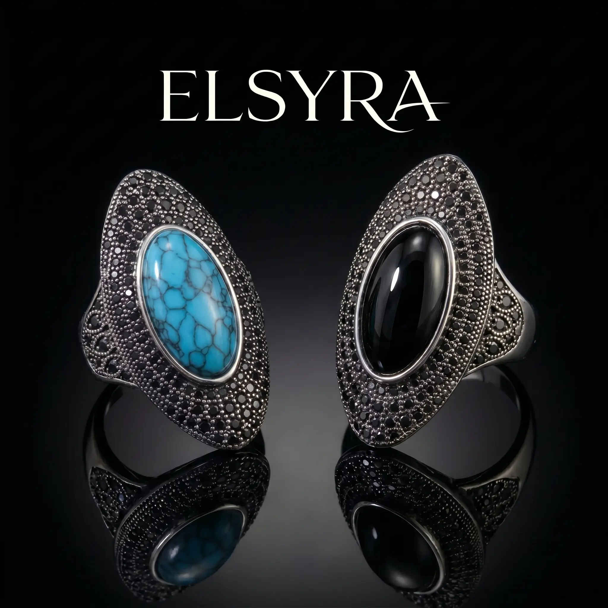 S925 Sterling Silver Vintage Retro Cocktail Statement Ring Black Agate,Artificial turquoise,Onyx,Obsidian Ring with Black Cubic Zirconia Surrounded Decor, Antique Silver Big Black Stone Ring Victorian Style Jewelry for Women,Suitable for daily Wear Gift
