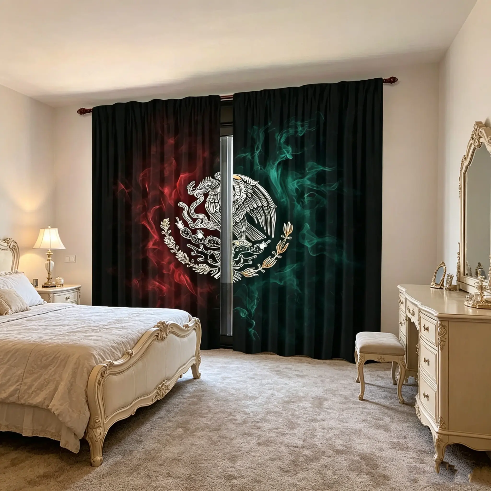 2-piece set of digital printed window curtains with black background and national flag design, made of semi-transparent polyester material, suitable for general decoration in daily rooms such as bedroom, living room, dining room, and kitchen