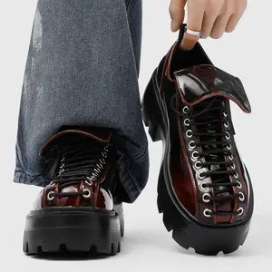 Patent‑Leather Chunky Punk Shoes Men's Wine‑Red｜Gear‑Sole Design Fall‑Winter Daily Wear