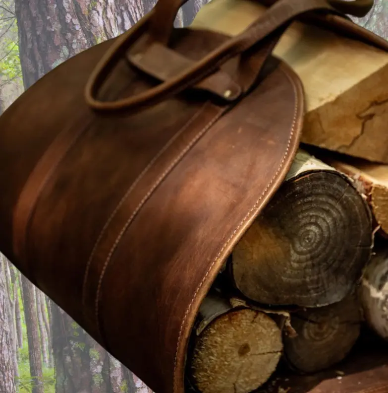 Handmade Cowhide Leather Firewood Log Carrier - Vintage Look