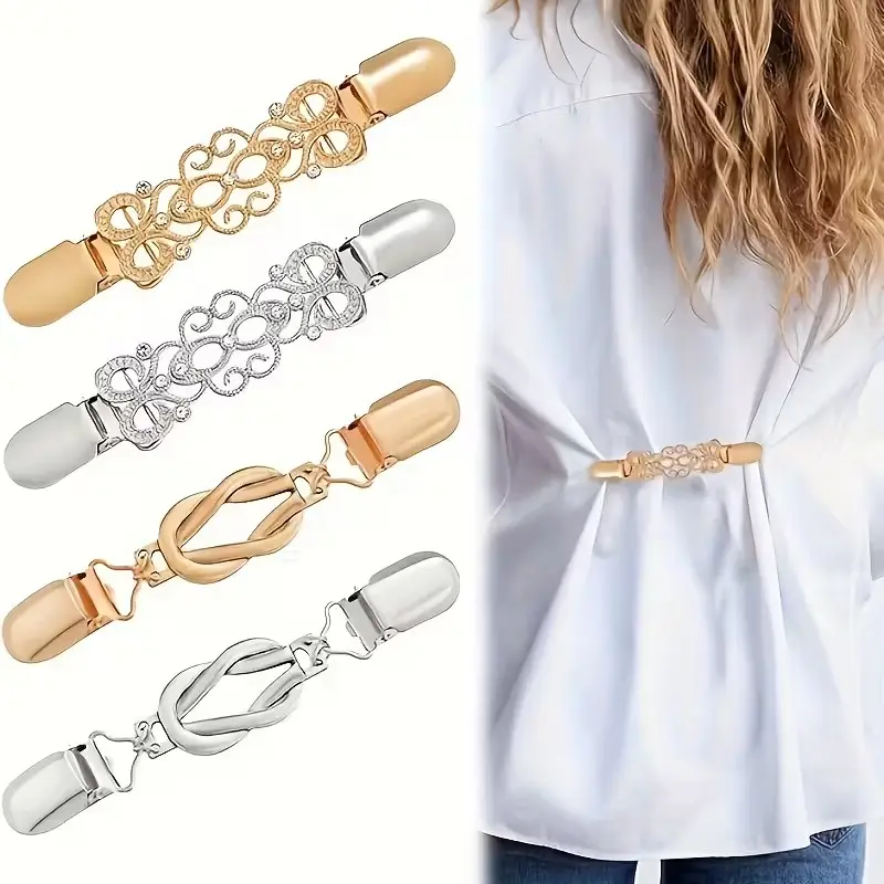 Set of 4 Vintage-Style Women's Waist Clips – Adjustable Metal Brooches for Dresses, Shirts, Shawls, and Sweaters – Non-Slip Design, All-Season Use, Zinc Alloy, Ideal for Cinching Casual Outfits | Retro Design | Durable Zinc Alloy | Dress Waist Cinch Clips