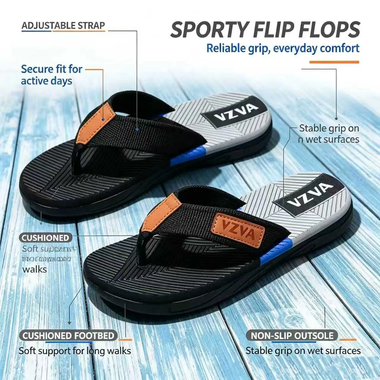 VZVA Men's Premium Flip Flops - Breathable Wide Woven Strap, Non-Abrasive Design, Cushioned Support, Non-Slip Durable Sole, All-Day Comfort for Casual Beach, Driving Use Eva Slides Sandal