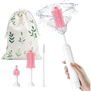 S02 Electric Bottle Brush Set, Portable Baby Bottle Brush Cleaner, AA Battery-Powered & IPX7 Waterproof, with Silicone Bottle/Nipple/Straw Brush, for Home & Travel (Pink)