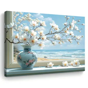 A Wooden Frame Canvas Wall Artwork, Dreamy Seaside Birch Apple Blossom, Suitable for Living Room, Bedroom, Kitchen, Bachelorette Party, Home and Office Decoration, Unique Christmas Gift, Size
