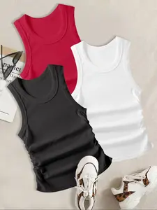 Women's Casual Breathable Sleeveless Vest Set, Comfortable Elastic Side Straps, Fitted All Season Underwear, Pack of 3