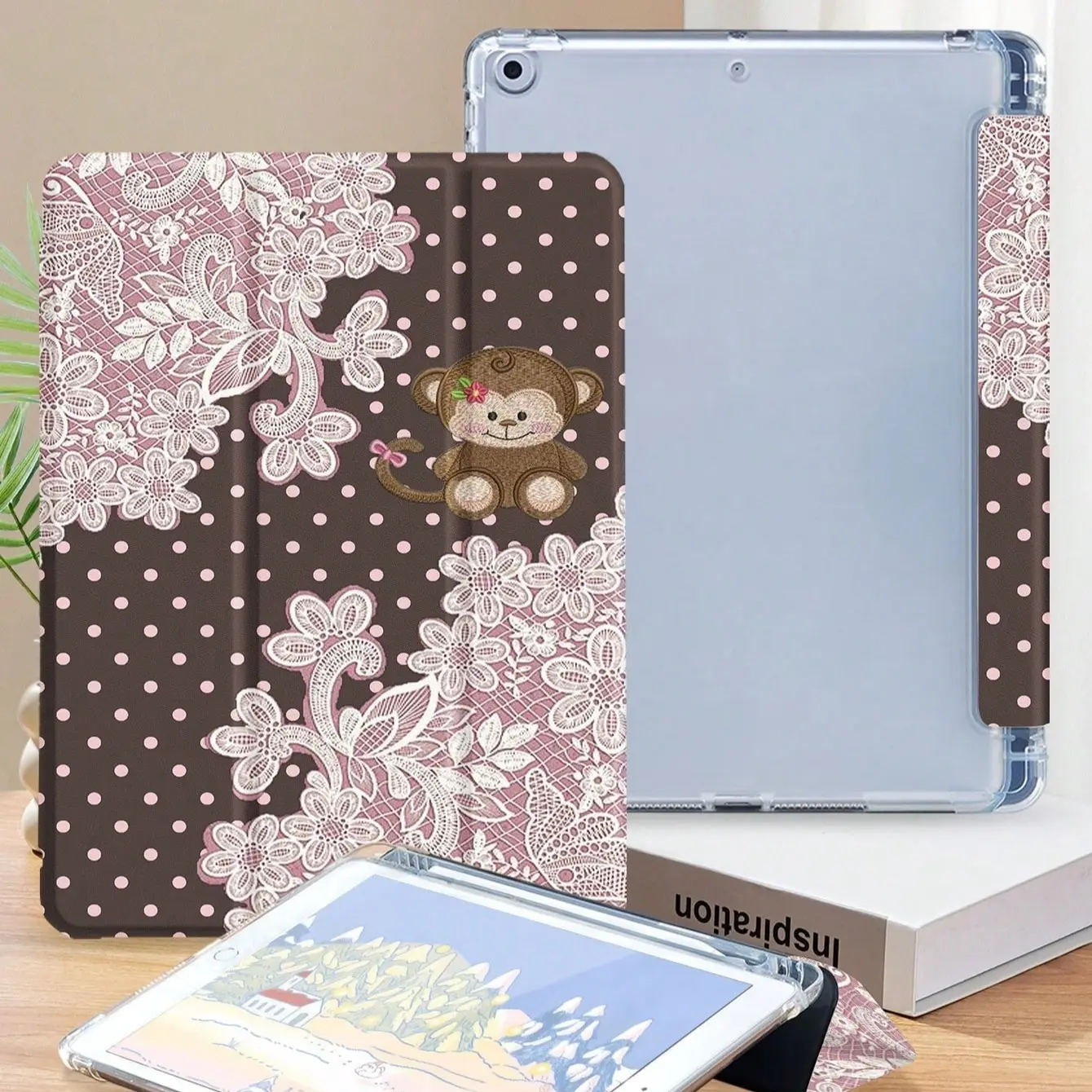 iPad Protective Case for 10.2/10.9/11 Inch, Retro Polka Dot Lace Monkey Print, Transparent Anti-Drop, Full Coverage, Pen Slot Included, Tablet Covers, Tablet Casing, Protector, Tablet Accessories