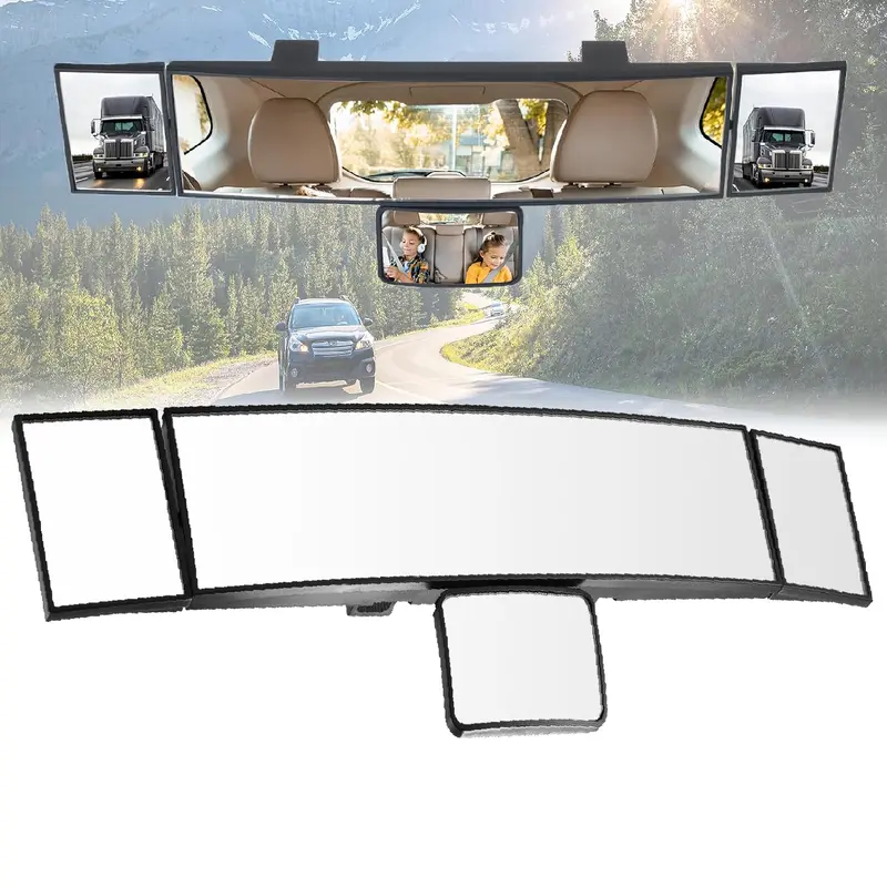 15" Automotive Rearview Mirror with Baby Mirror, Clip-On Panoramic Extender, Wide Angle Blind Spot Aid for Cars/SUVs/Trucks, Truck Accessories