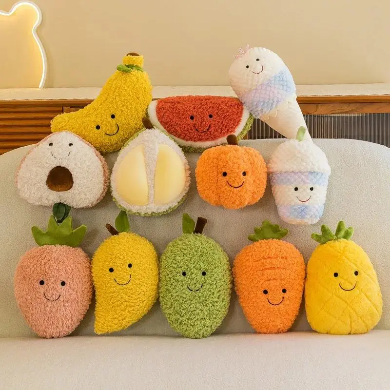 8-Inch Cute Cartoon Soft Plush Fruit & Vegetable Stuffed Animals - Baby Shower, Party Toy for Kids, Pet Grab Toy, Fabric Stuffed Pillow, House Decoration (Watermelon, Pineapple, Strawberry for Nurseries)