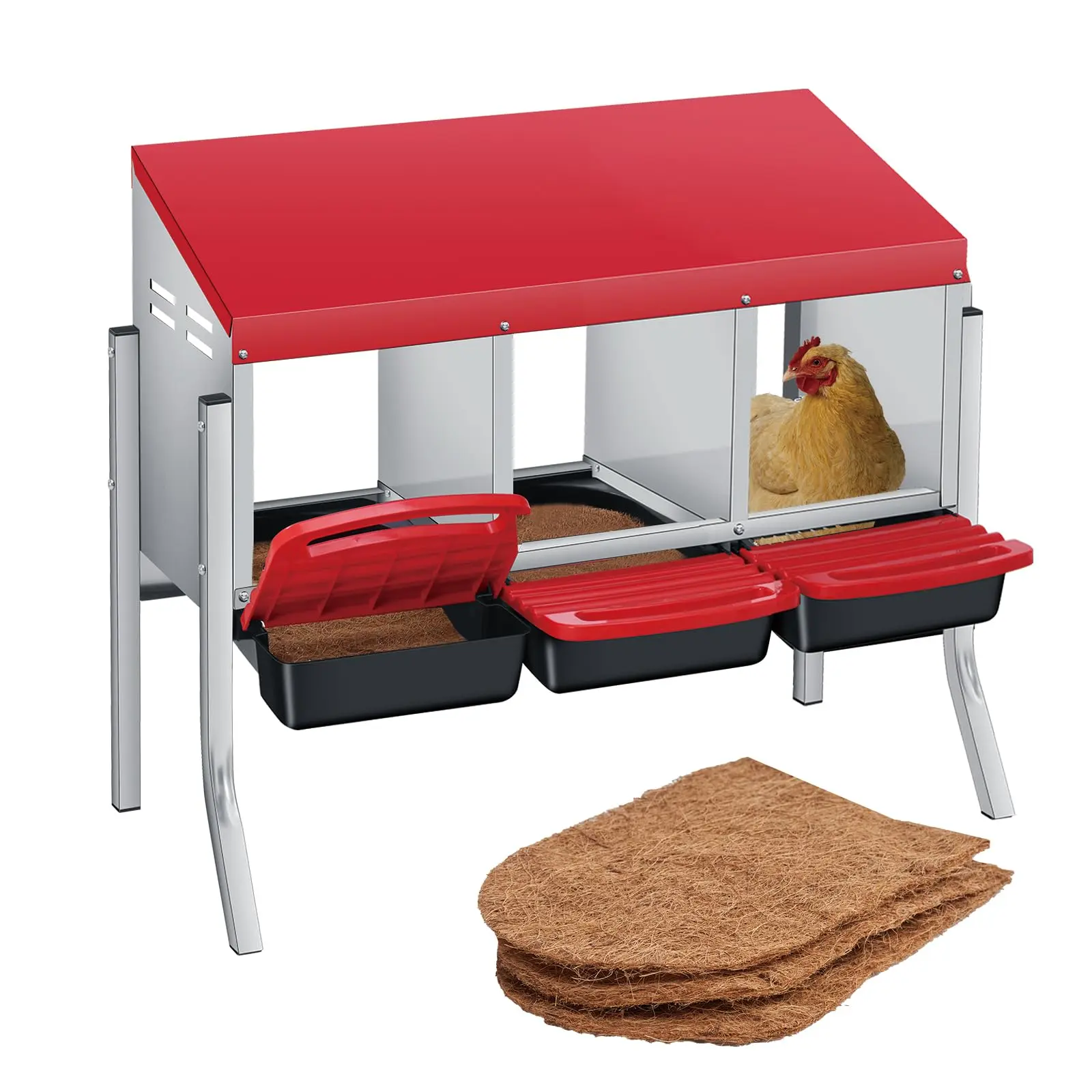 Heavy Duty 3-Compartment Metal Chicken Nesting Box – Removable Tray – Effortless Egg Collection & Cleaning – Ideal for Poultry Coop & Backyard Farms – Red, Three Grids Heavy Duty 3-Compartment Metal Chicken Nesting Box