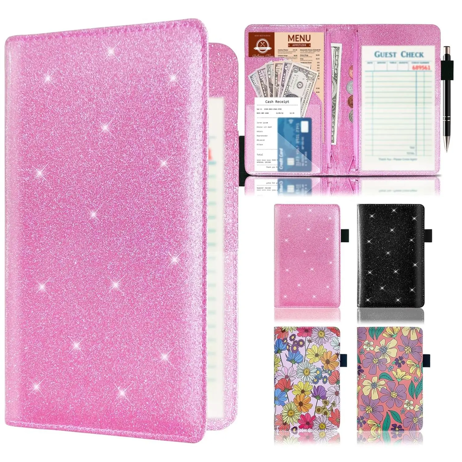 Server Book with 2 Zipper Pockets, Leather Server Book Organizer for Waitress, Bling Waiter Book  Wallet with Pen Holder, Guest Check Presenter, Restaurant Waitstaff Organizer, Glitter Pink