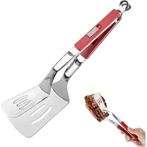 Anti-Scald Extended Handle Spatula Tongs 11.6 Inch Multifunctional Stainless Steel Cooking Tongs  Shovel Clamp for Flipping Steak Fish Bread Hamburger BBQ Frying Pancake Pies Pizza