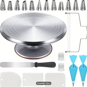 2pcs, Baking Supplies Tools, Aluminium Cake Decorating Turntable, 12 Inch Rotating Cake Stand, 1 Cake Turntable, 2 Couplers, 12 Icing Piping Tips, 1 Cake Leveler, 1 Icing Spatula, 3 Icing Smoother, 2 Silicone Pastry Bags