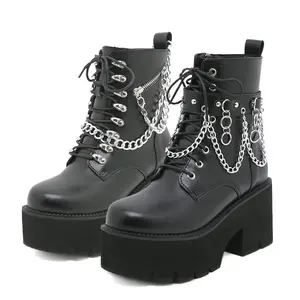 Fashion Chunky Heel Platform Combat Ankle Booties Women's Chains Lace up Studded Motorcycle Combat Short Boots Round Toe Side Zipper Black Gothic Boots