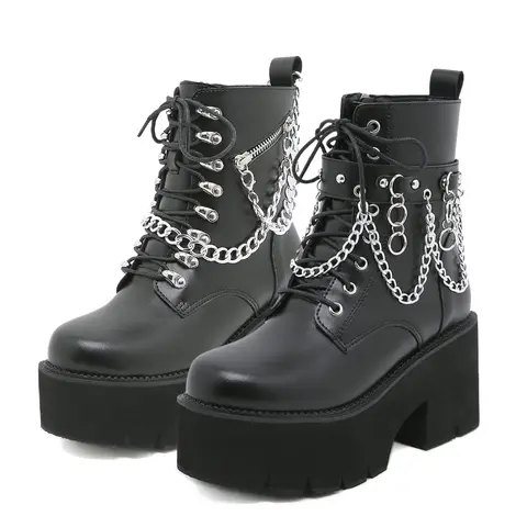 AOSPHIRAYLIAN Women's Black PU Leather Chunky Heel Platform Combat Ankle Boots - Lace-Up, Studded, Round Toe, Zipper, Gothic Avant Garde Footwear, Boot Heels, All Seasons Casual Women's Shoes