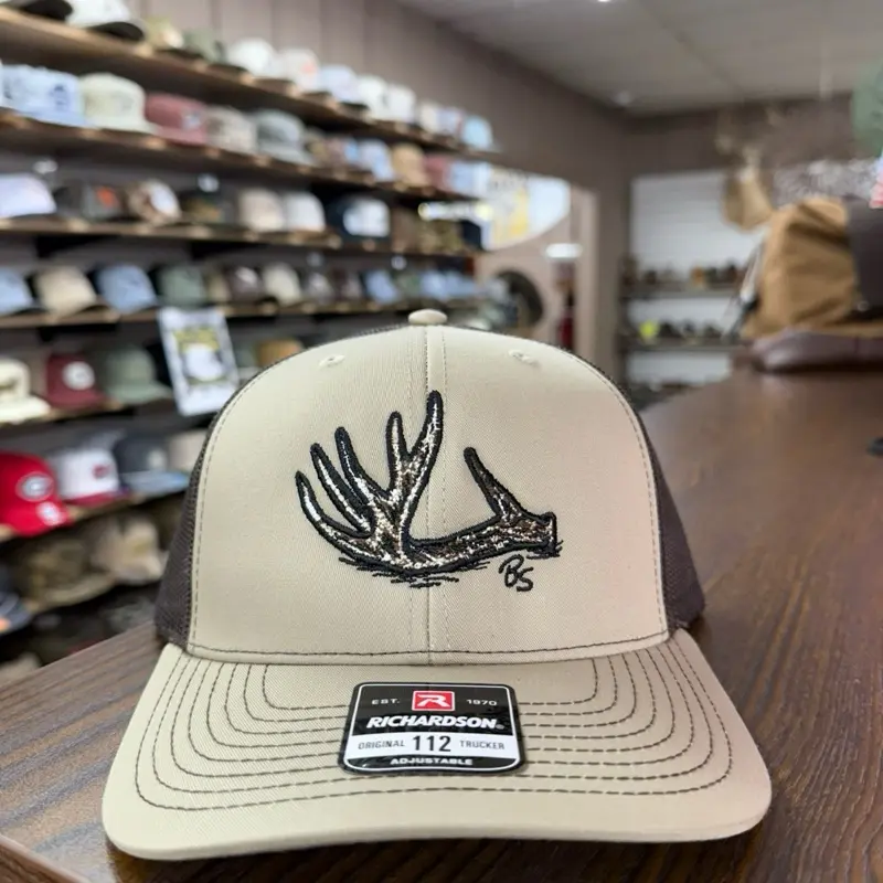 Antler Shed Trucker Hat - Khaki Front with Brown Mesh