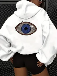 Women's Gothic Türkiye Blue Evil Eye Hoodie Sweatshirt - black and blue eye design, machine washable, fashionable white hoodie, blue big eye back print Drawstring Everyday