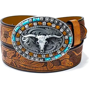 Women-Men Western Longhorn-Bull-Embossed Cowboy-Belt with Turquoise-Buckle 1.5" W Vintage Pu-Leather Cowgirl-Belt