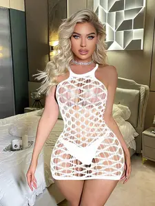[ANDAREY] Womens Lingerie Sexy Fishnet Bodycon Dress Stripper Outfit Hollow Out Beach Cover Up Mesh Chemise Babydoll