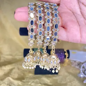 Mirror Cut Jumka Bangles with Intricate Gold Plating and Blue Enamel Accents for Festive Wear Boho Beaded Band Bohemian Bracelets Gold Plated